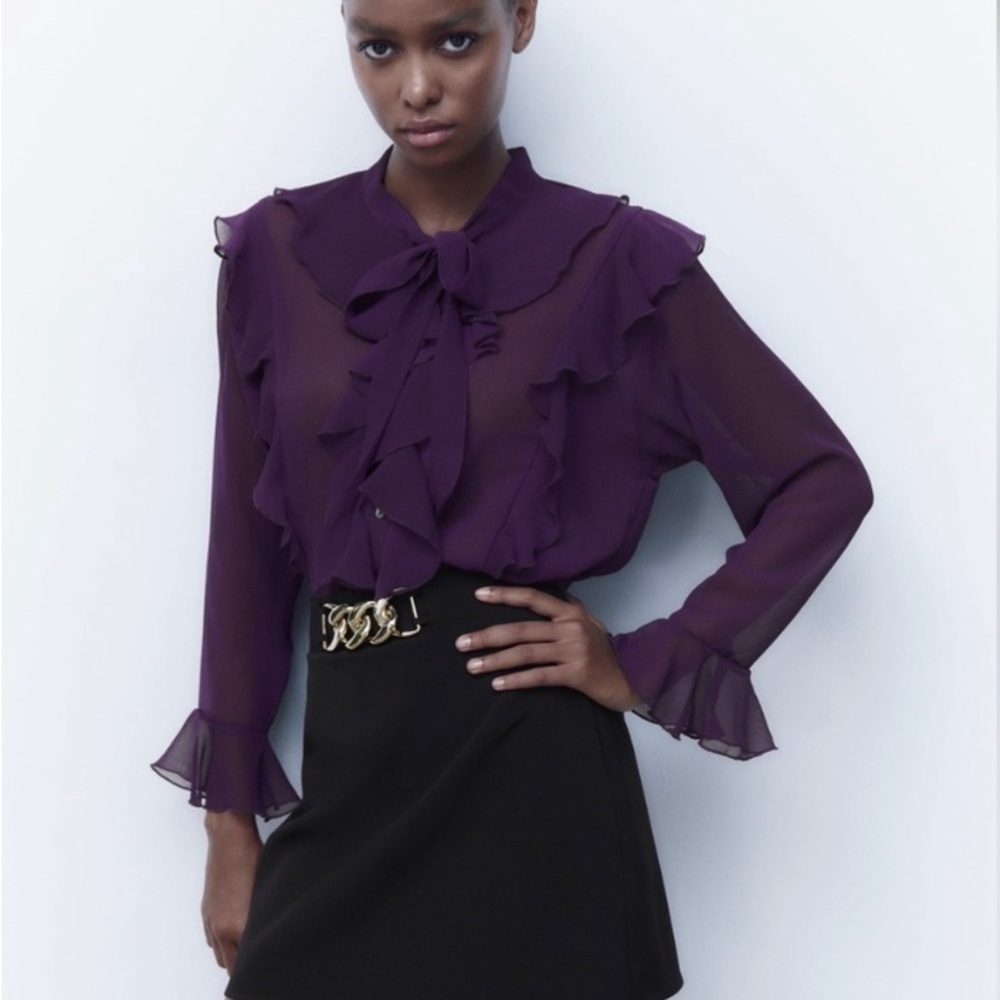 Zara Deep Purple Sheer Ruffle Blouse